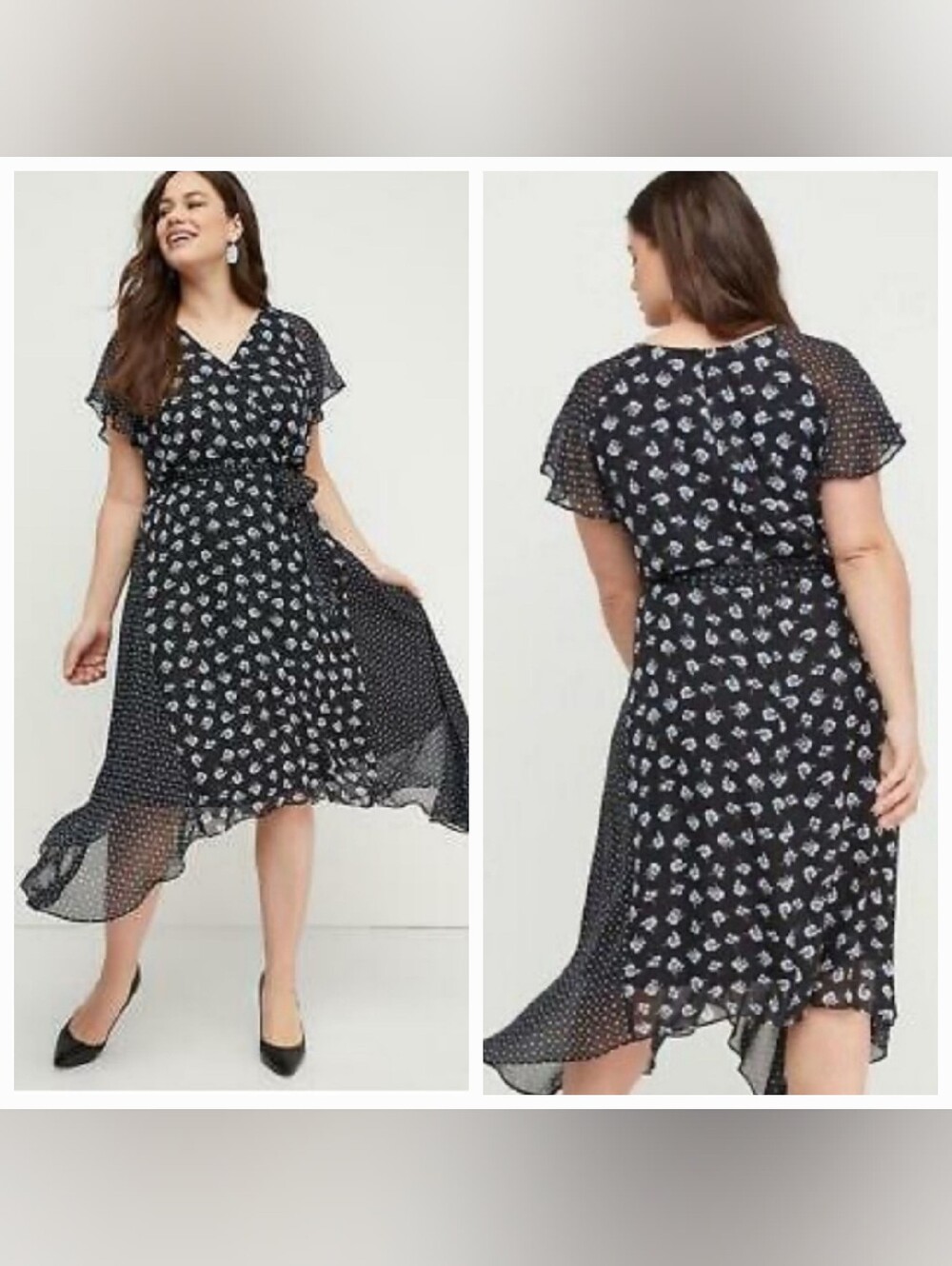 Lane Bryant Black Floral Dot Faux Wrap Flutter Sleeve Midi Dress Size 24